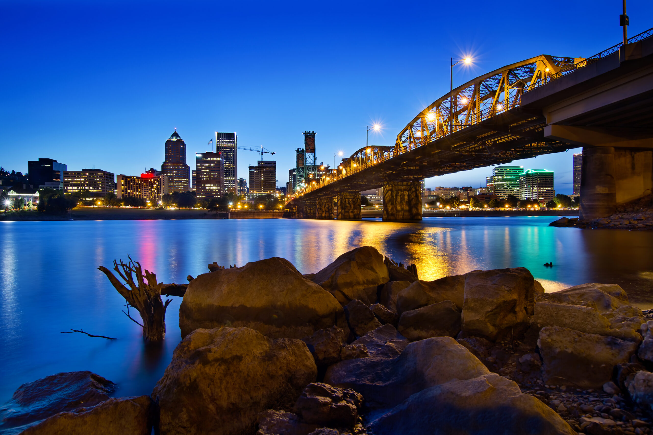 portland oregon skyline at blue hour stockpack deposit photos Portland Oregon Skyline at Blue Hour